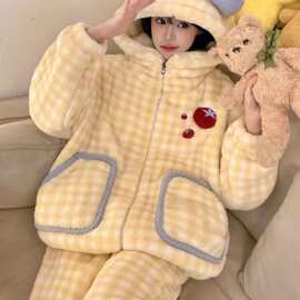珊瑚绒睡衣女秋冬季加绒加厚连帽拉链甜美高级感法兰绒家居服套装