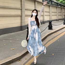 2025温柔系穿搭套装女夏季韩版水墨画遮肉显瘦吊带连衣裙