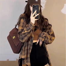 美式高级感复古格子衬衫衬衣秋季新款设计感小众小个子外套上衣女