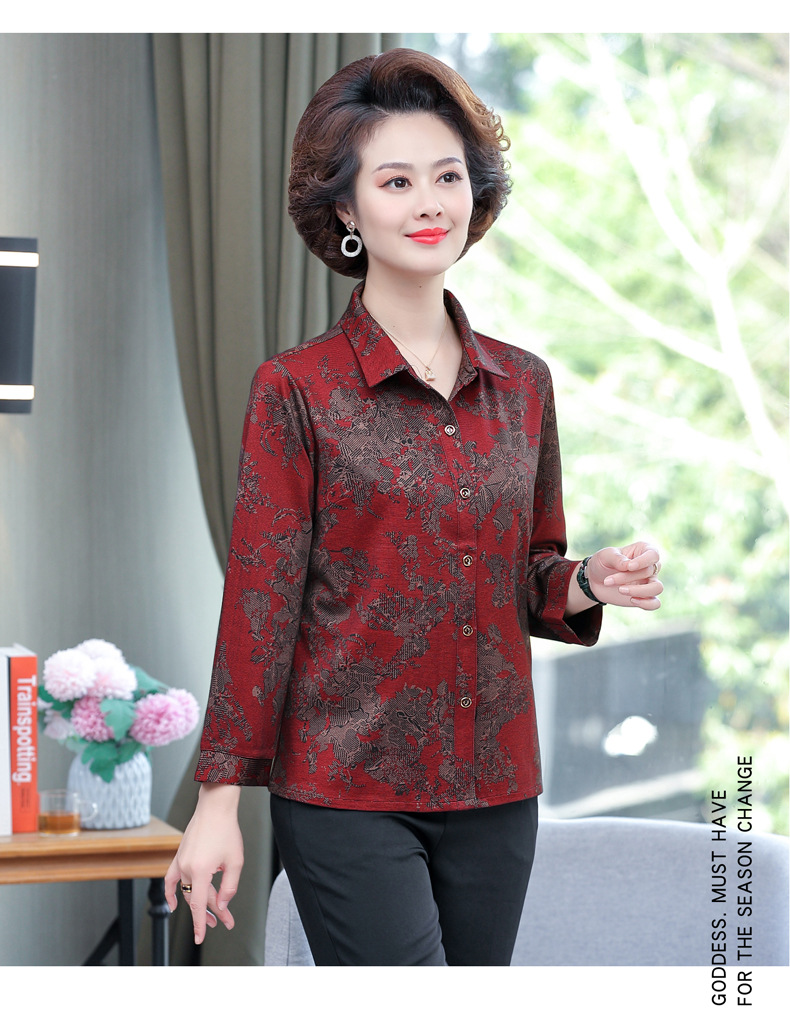 印花女士衬衫长袖妈妈装开衫