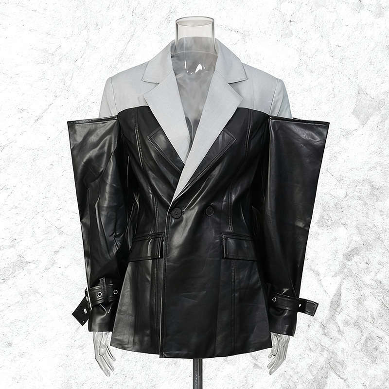 European and American Street Style Jacket for Women 2025 New Pu Leather Patchwork Fake Two-Piece Color-Blocking Design Blazer for Women