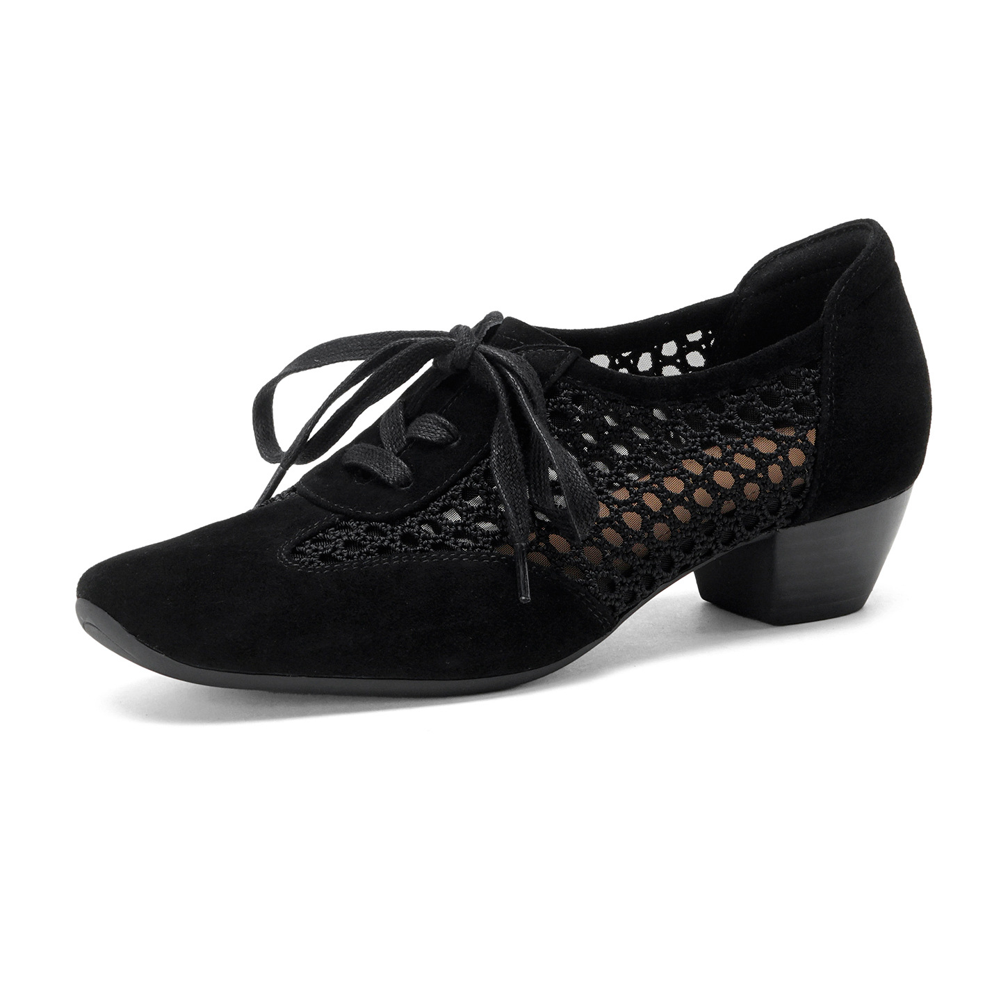 Giày sandal cao gót nữ hở mũi phối lưới, gót 4 cm, phong cách vintage — đen chi tiết 16