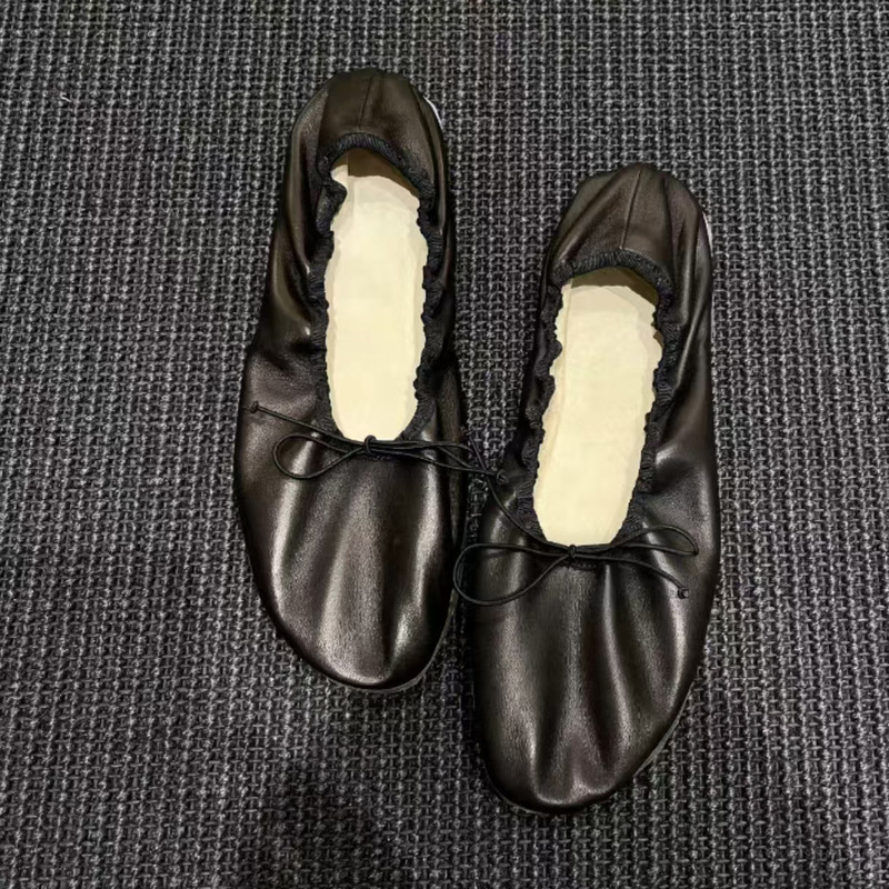 Cowhide version~Elegant black round-toe soft leather handmade thin-soled granny shoes with bowknot ballet flats for women Cowhide version~Elegant black round-toe soft leather handmade thin-soled granny shoes with bowknot ballet flats for women