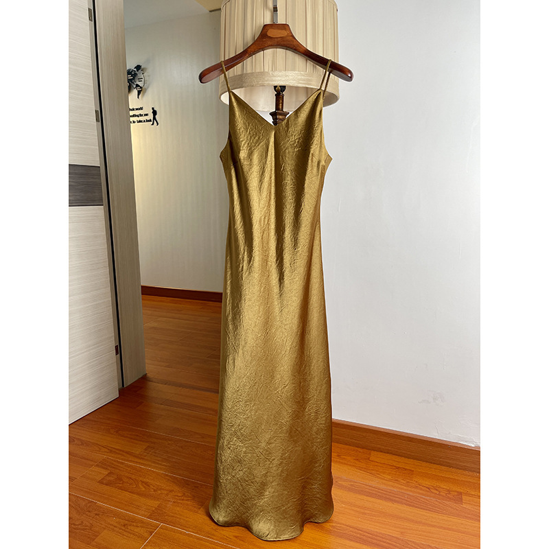 Gold Color Acetate Slip Skirt Long Fashionable Western-style Texture Pleated V-neck High Waist Slimming dress Drape