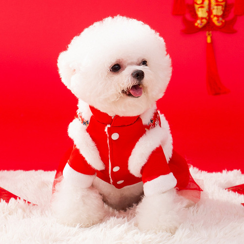 Dog Autumn/Winter Warm Vest Court Style Two-Piece New Year Tang Suit Skirt Cat Teddy Pet Clothes Wholesale
