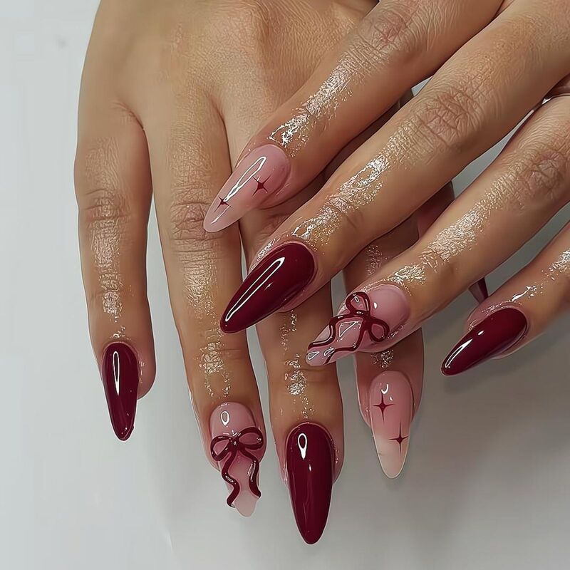 Almond Wearable Nails Bow Star Patch Manicure Sweet Wearable Nails Wholesale Fake Nails Finished Nails