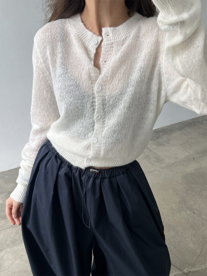 Áo cardigan len nữ dệt kim mỏng cổ tròn dáng rộng phối nút — Vàng nhạt, màu hồng, màu nâu, trắng