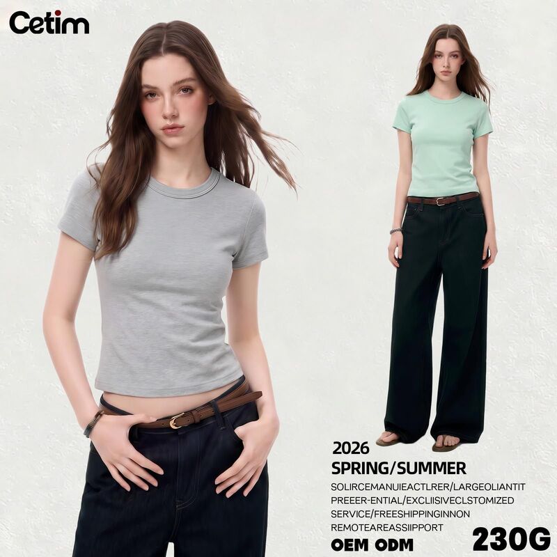 230g Spandex Yarn Lycra Cotton Regular Shoulder Short-Sleeve Women's T-Shirt Slim Fit Top Slimming Cotton Similar to the Same Style from a Certain School for Export 230g Spandex Yarn Lycra Cotton Regular Shoulder Short-Sleeve Women's T-Shirt Slim Fit Top Slimming Cotton Similar to the Same Style from a Certain School for Export