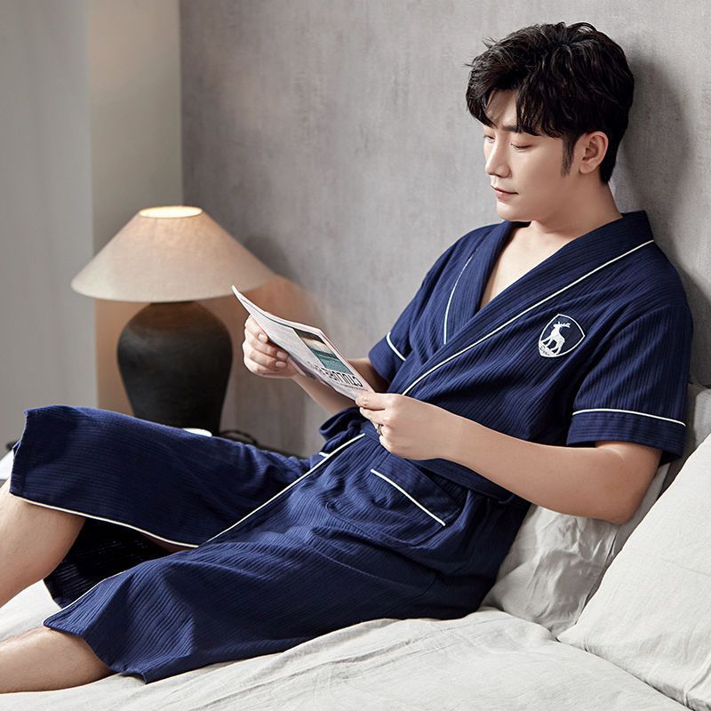 Verano de los hombres de algodón de manga corta delgada de estilo japonés de media longitud de los hombres más tamaño Albornoz pijamas de verano