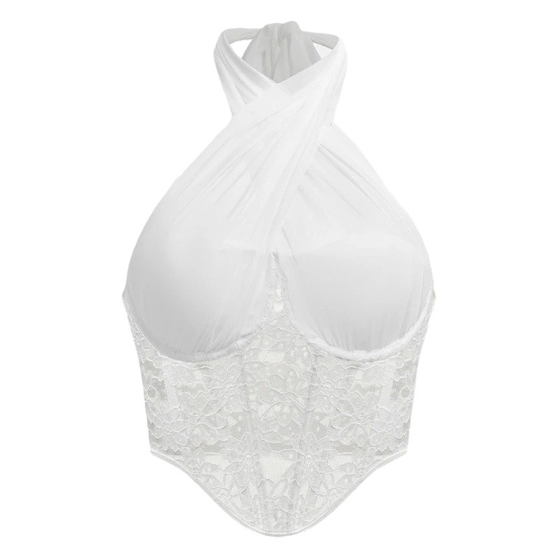 Top halter cruzado de encaje con aros y malla, diseño de espina de pescado en forma de diamante, chaleco interior sin mangas, para comercio transfronterizo Amazon. image 1