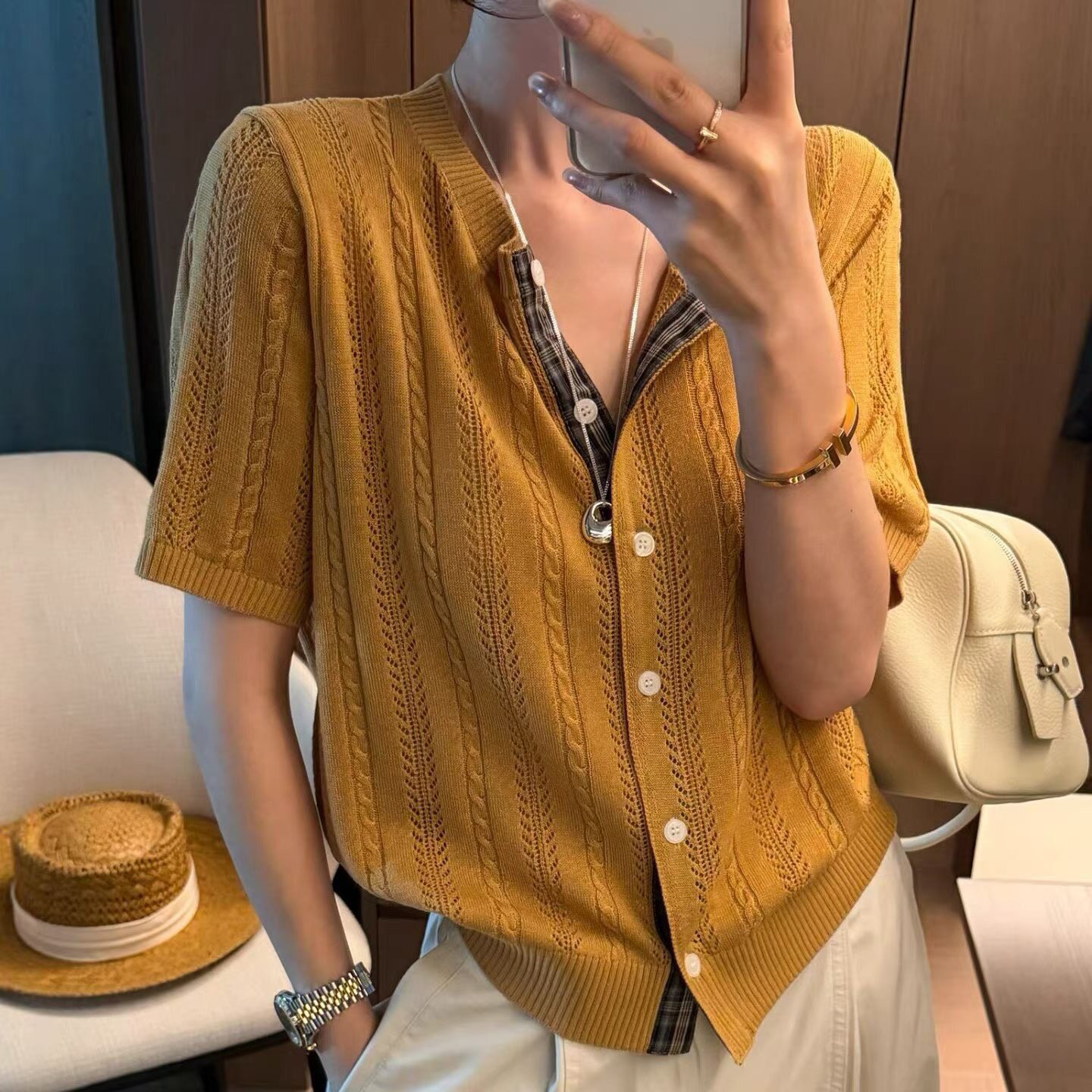 Old money linen!Nouveau riche old money style!Japanese linen edged short-sleeved knitted cardigan women's t-shirt thin top 2