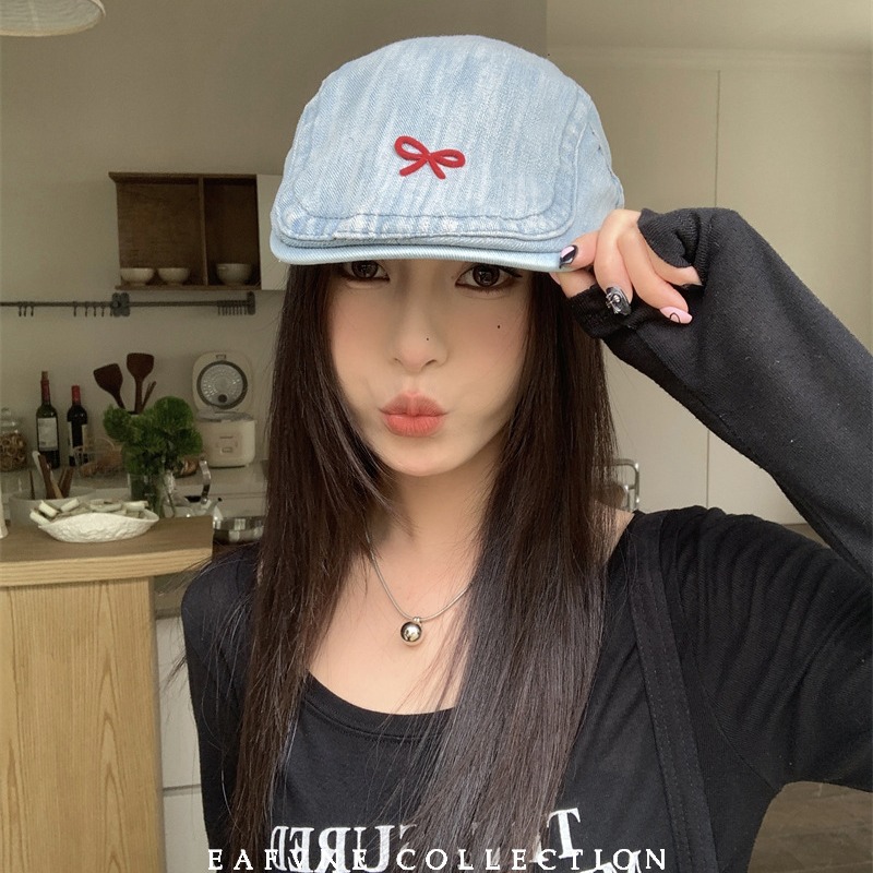 复古百搭甜酷风水洗做旧牛仔帽子贝雷帽显脸小前进帽春夏画家帽