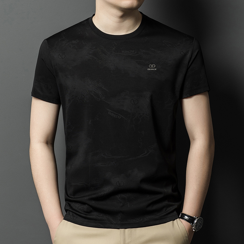 本物のロモンシルク半袖Tシャツメンズラウンドネックハイエンド若者と中年の薄いアイスシルク半袖Tシャツ。|undefined