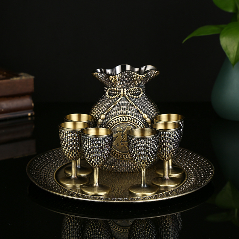 White wine set suit home creative high-end retro National style wine pot white wine glass wine plate metal decoration