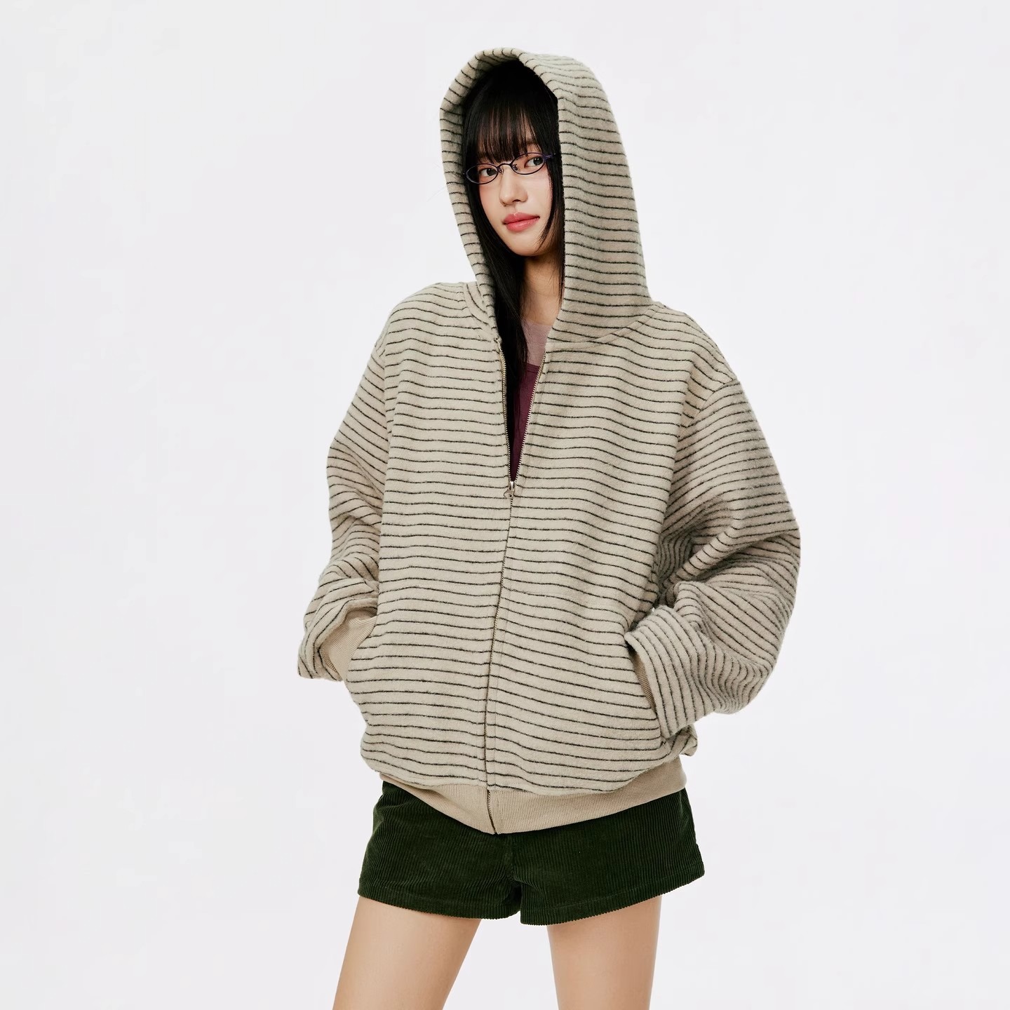 Burgenland American Retro Stripesd Zipper Cardigan Hooded Sweatshirt Women's Autum New Loose Casual Jacket
