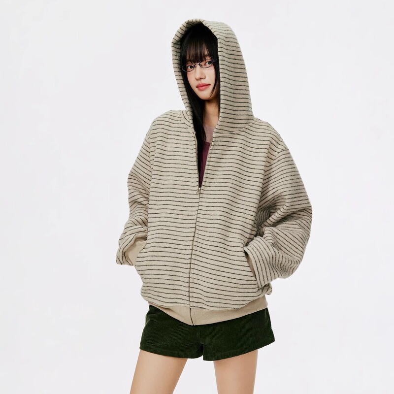 Burgenland American Retro Stripesd Zipper Cardigan Hooded Sweatshirt Women's Autum New Loose Casual Jacket