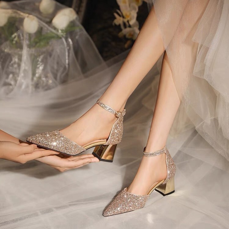Beautiful Wedding Shoes Bridal Shoes Wo Xiu Wedding Dress Two-way Wear High-heeled Shoes Women's Thick-heeled Sandals Bridesmaid Shoes Not Tired Feet