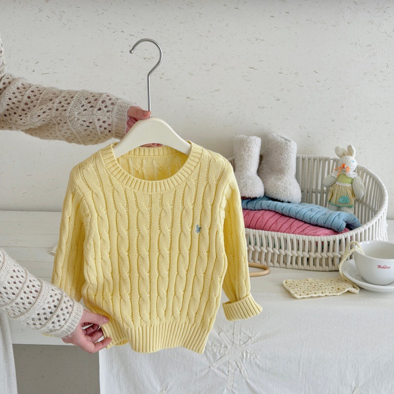 Spring and Autumn Retro Round Neck Baby Knit Sweater Top Korean Style Boys' Solid Color Pullover Children's Cable Knit Sweater Girls'