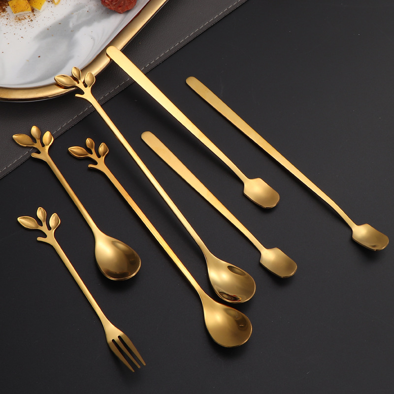 Cuchara de acero inoxidable Cuchara de hoja tenedor Cuchara de café de mango largo de cabeza cuadrada Cuchara para mezclar miel Taza cálida Taza de regalo