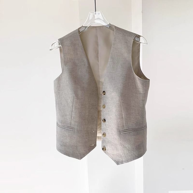 Linen Single-Breasted V-Neck Vest for Women, Summer 2025 New Old Money Style, Right-Angle Shoulder, Slimming Waist, Sleeveless Jacket