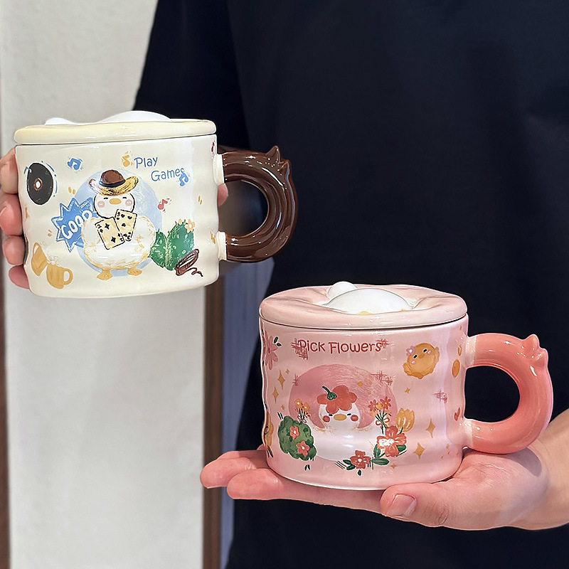 かわいいアヒルのセラミックカップ 蓋付き かわいいセラミックカップ カップルギフト 女の子向け 高価値デザインマグ|undefined