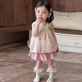 韩版童装女童夏季套装新款儿童宝宝碎花吊带背心粉色半身裙裤