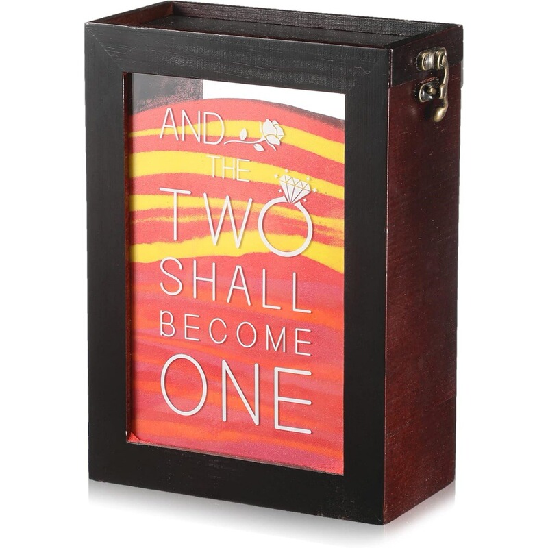 Dark brown wooden flip-top visual shadow box with English print for wedding sand ceremony, all-in-one wedding sand storage Dark brown wooden flip-top visual shadow box with English print for wedding sand ceremony, all-in-one wedding sand storage
