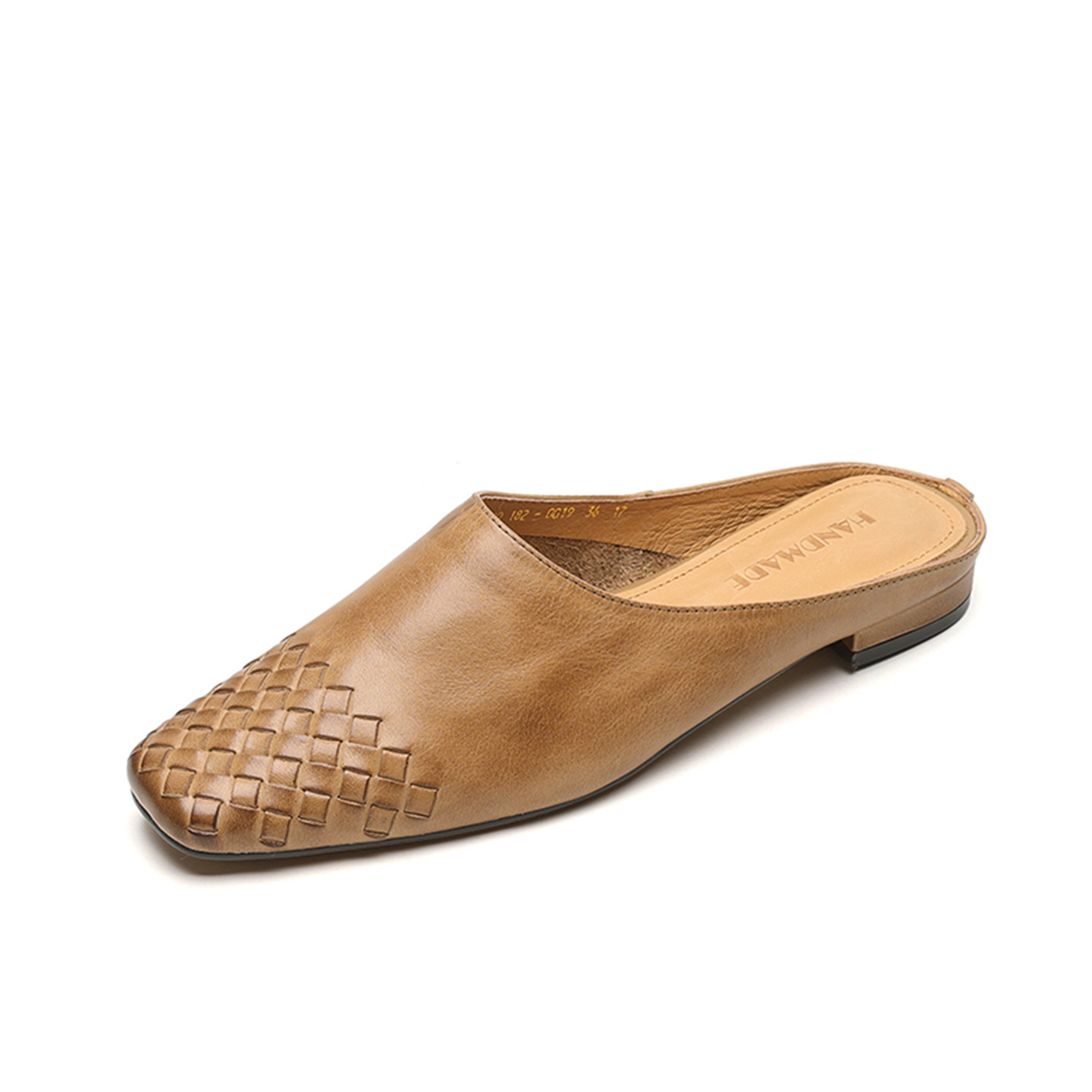 Giày mule nữ da bò mũi vuông miệng nông đế bệt — màu nâu