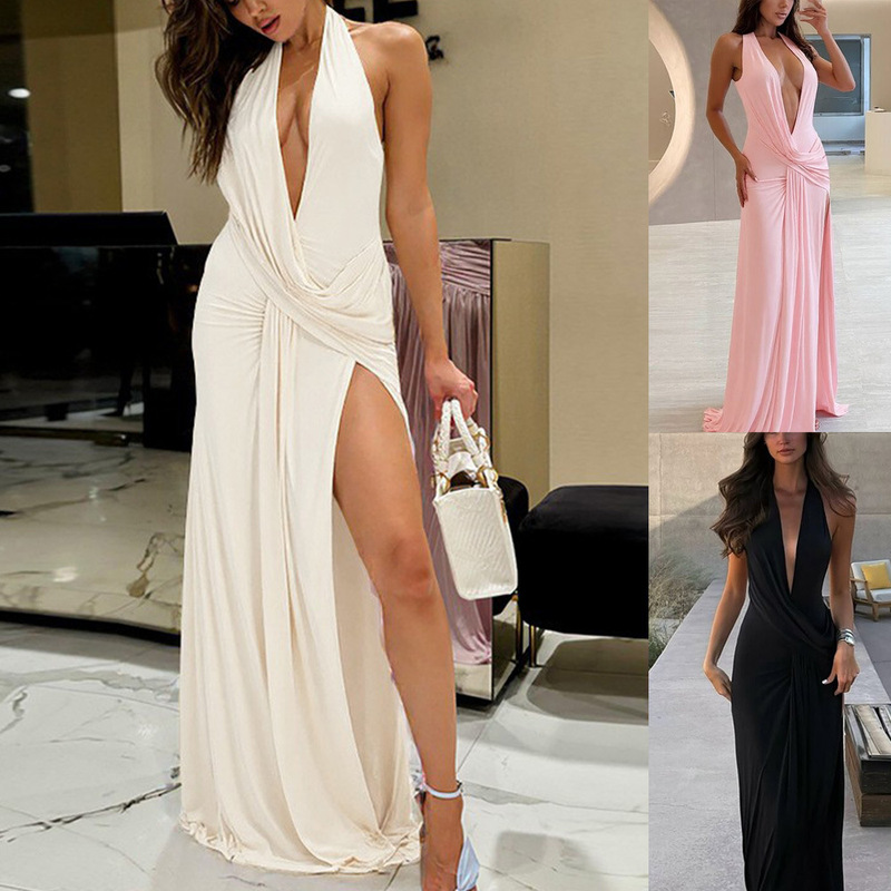 Cross-Border European and American Clothing 2025 Summer New Fashion Hot Girl Deep V Halterneck Pleated Backless Slit Dress for Women