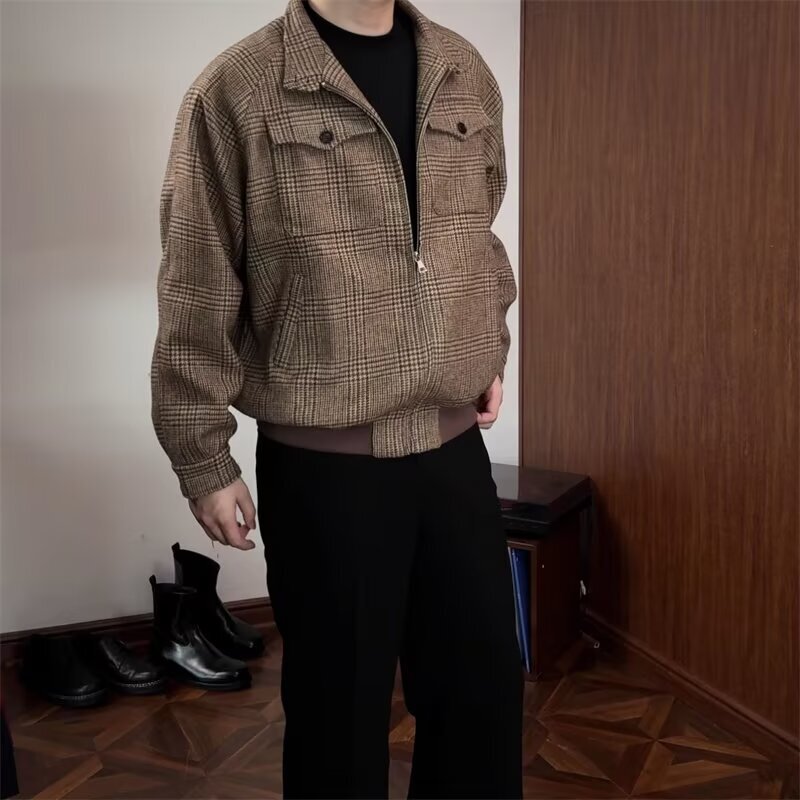 New Retro Maillard Cleanfit Houndstooth Woolen Jacket Men's Harrington Short Wide Stereo Tailoring Jacket New Retro Maillard Cleanfit Houndstooth Woolen Jacket Men's Harrington Short Wide Stereo Tailoring Jacket