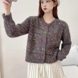 小香风彩点圆领秋冬新款针织开衫女温柔彩扣保暖毛衣外套气质上衣