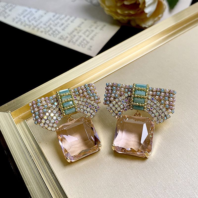 1 Pair Quantity 1 Pair Sweet Bow Knot Inlay Copper Artificial Pearls Glass Drop Earrings