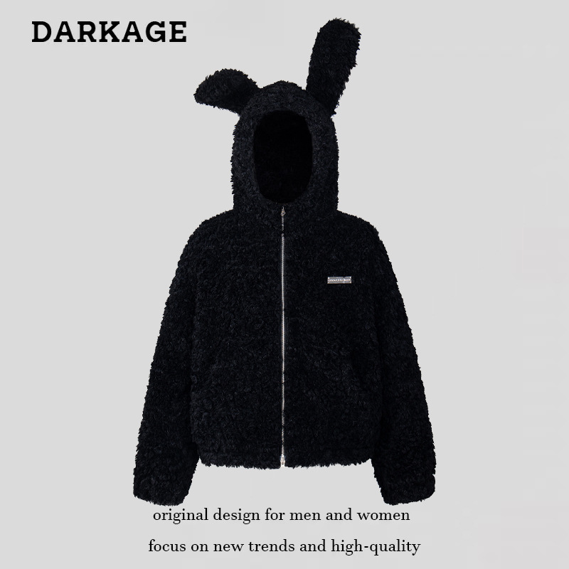 国潮美式兔耳毛绒连帽外套男女秋冬季加厚情侣棉衣保暖上衣棉袄潮