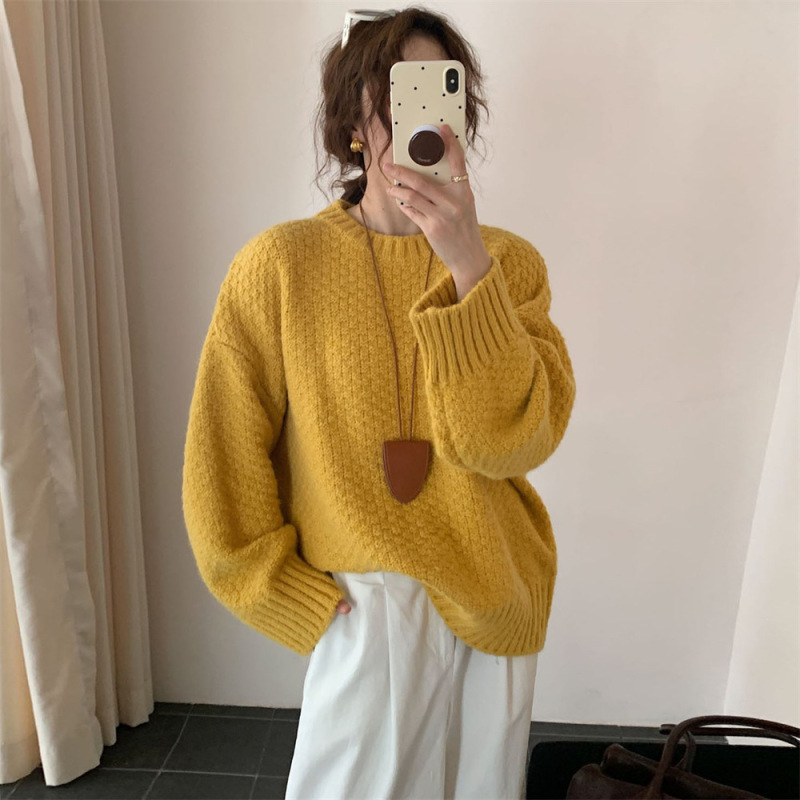 慵懒风圆领菠萝纹毛衣女秋冬新款温柔保暖软糯套头针织衫上衣外穿|undefined