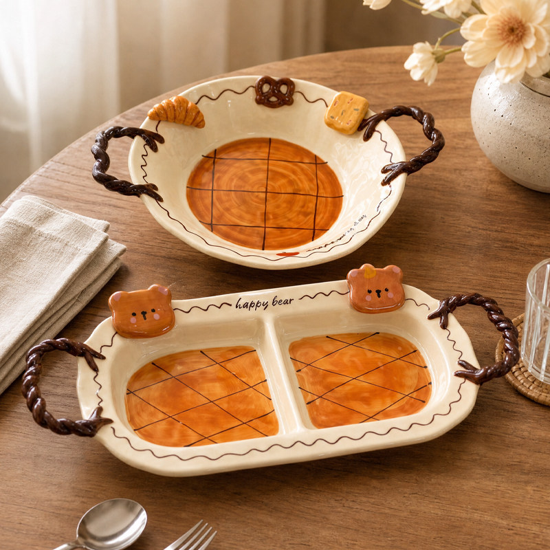 Cute bear-shaped beautiful tableware, high-value ceramic double-handled bowl, fruit salad bowl, home-use bowl and plate set, yogurt bowl