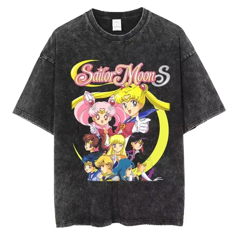 New Anime Sailor Moon Anime Washed T-Shirt Spring/Summer Retro Unisex Cotton Casual Oversized T-Shirt Loose Top