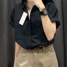 棉黑色短袖衬衫女夏季新款韩版日系感气质简约百搭T恤上衣