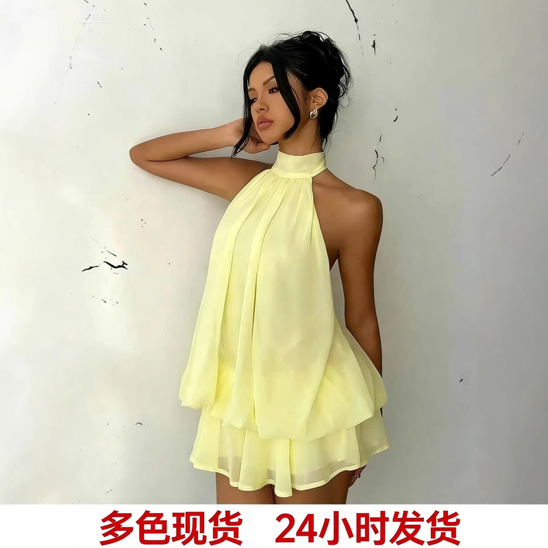 Halter Neck Chiffon Short Dress, European and American Style, Sexy Tea Break Style, Loose-Fitting Vacation Dress, Resort Style Dress