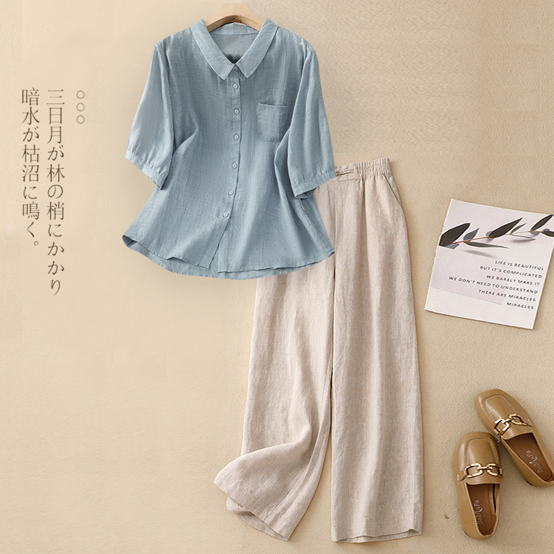 中年女性・お母さん向けの大きいサイズの夏服、カジュアルな綿麻スーツ、おしゃれな高級アシル麻シャツ、お腹カバー2点セット|undefined