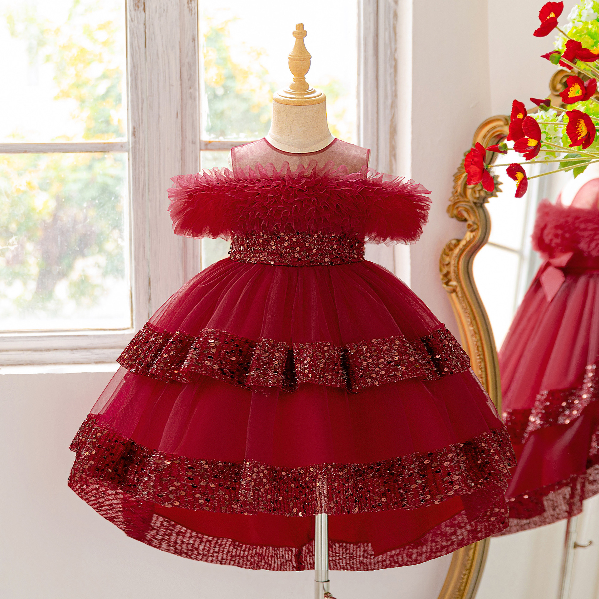 Vestido de novia de flores europeas y americanas princesa de hombro un anfitrión de niños vestido de piano vestido vestido de noche