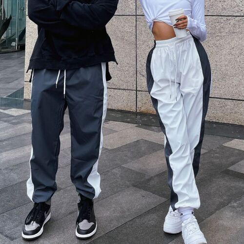 European and American cross-border color-blocked sports pants, long, same style for men and women, fitness running, casual, loose-fitting, wide-legged, quick-drying