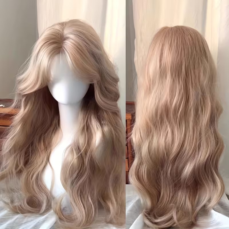 【Cream Barbie Gold】Koni Women's Wig with Middle Parting, Fine-Crafted Milk White and Rice Gold Egg Curl Full Head Wig