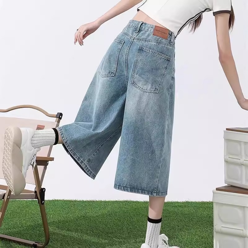 レトロ大きいサイズデニムクロップドパンツ女性のための夏の 2025 新しい薄いルーズハイウエストライトカラーストレートワイドレッグパンツ|undefined