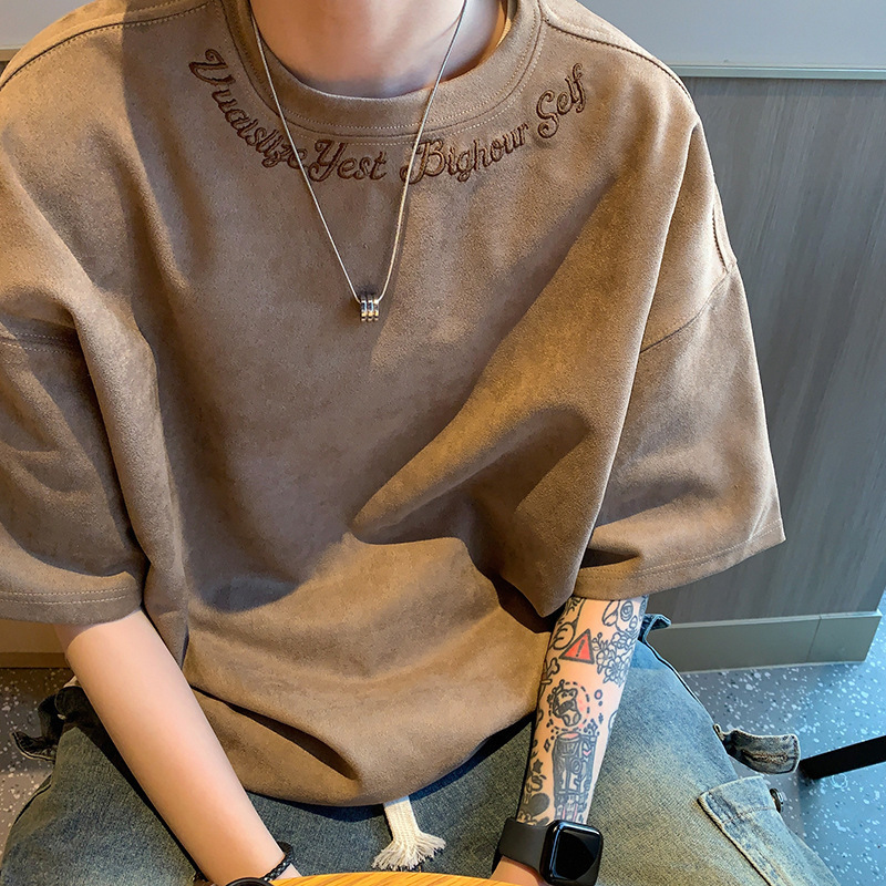 Heavy Suede Embroidered Short-sleeved T-shirt Men's Fashionable plus size Top Summer Hong Kong Fashion Brand Loose Half-sleeved T-shirt Heavy Suede Embroidered Short-sleeved T-shirt Men's Fashionable plus size Top Summer Hong Kong Fashion Brand Loose Half-sleeved T-shirt
