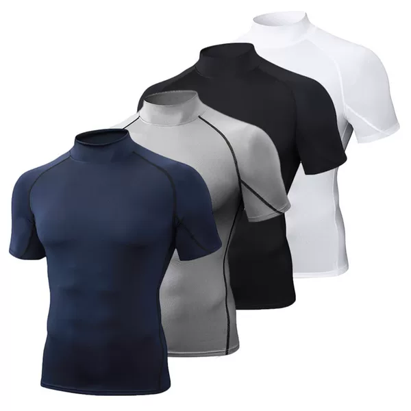 High-Neck Tight-Fitting Quick-Drying Men's Summer Elastic T-Shirt Running Fitness Training Clothing Sweaty Sports Compression Short-Sleeved