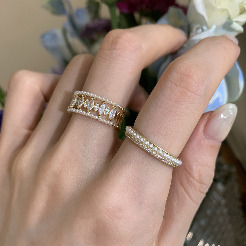 Light luxury Pearl zircon open ring niche design fashion personality simple temperament high-grade index finger ring tail ring