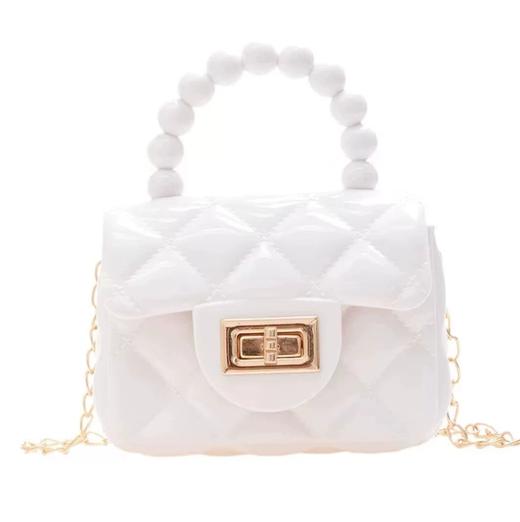 Small quilted handbag with bead handle and chain, compact 13×5×9 cm, multiple colors