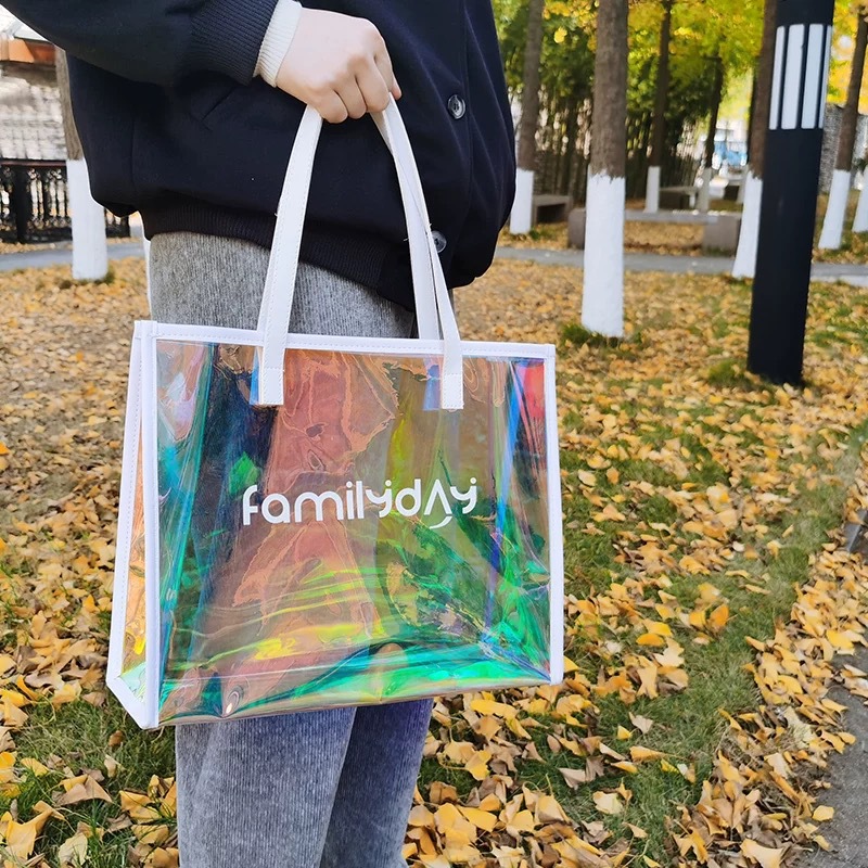 Bolsa de mano transparente de pvc, bolsa de ropa láser colorida, bolsa de compras, bolsa de regalo de plástico ins, bolsa de gelatina de red tpu