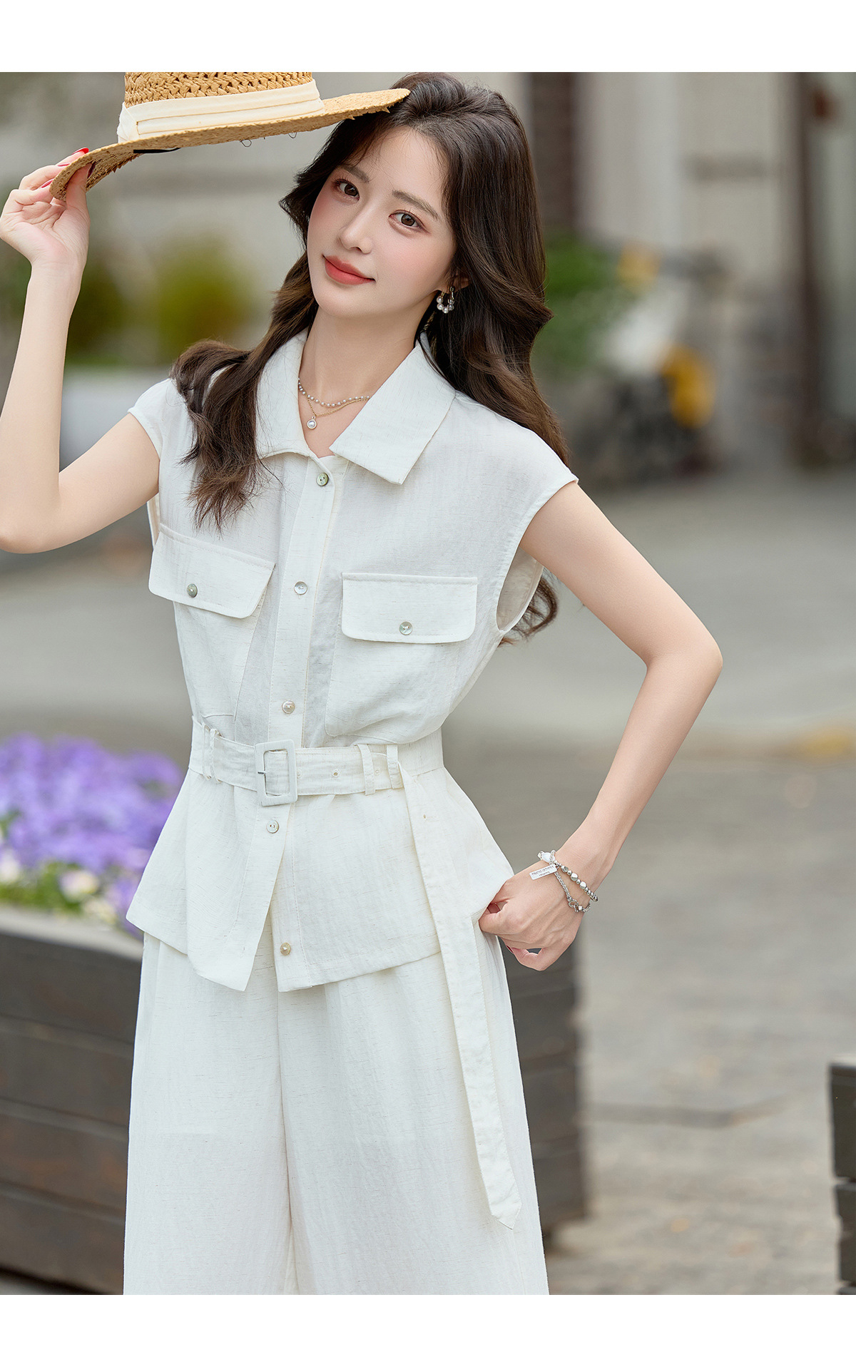 Bộ jumpsuit nữ tay ngắn cổ bẻ ống rộng mùa hè 2026 — màu trắng ngà, màu vàng chi tiết 18