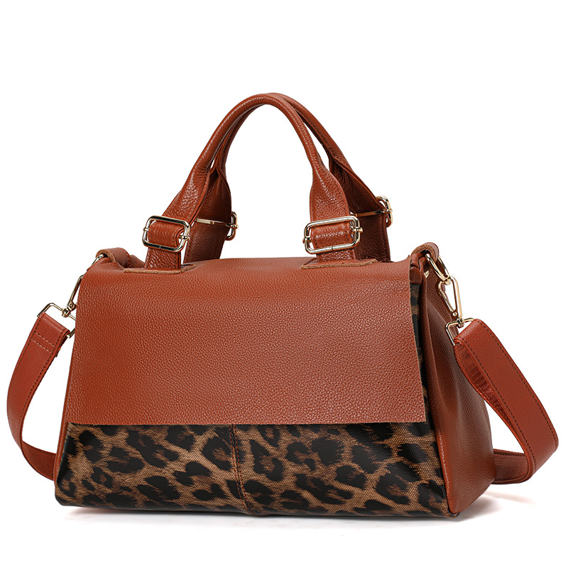 Bolso de Mano con Estampado de Leopardo para Mujer de Cuero Genuino, Gran Capacidad para Uso Diario